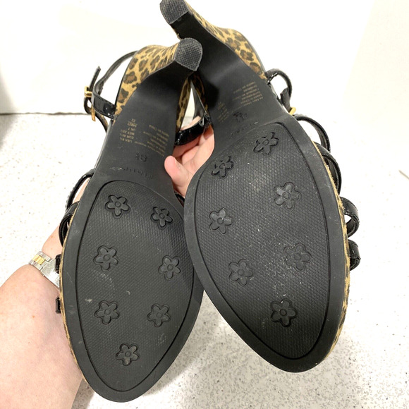 Fioni Strappy Platforms High Heels Sandals Black Patent & Tan Animal Print 8.5M - Picture 9 of 10